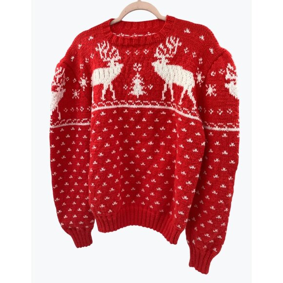Handmade Sweaters - Vintage Red Reindeer Nordic Christmas Sweater Wool Knit Winter Pullover